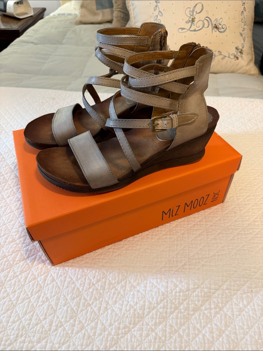 Miz Mooz Metallic Gray Strappy Wedge Sandals